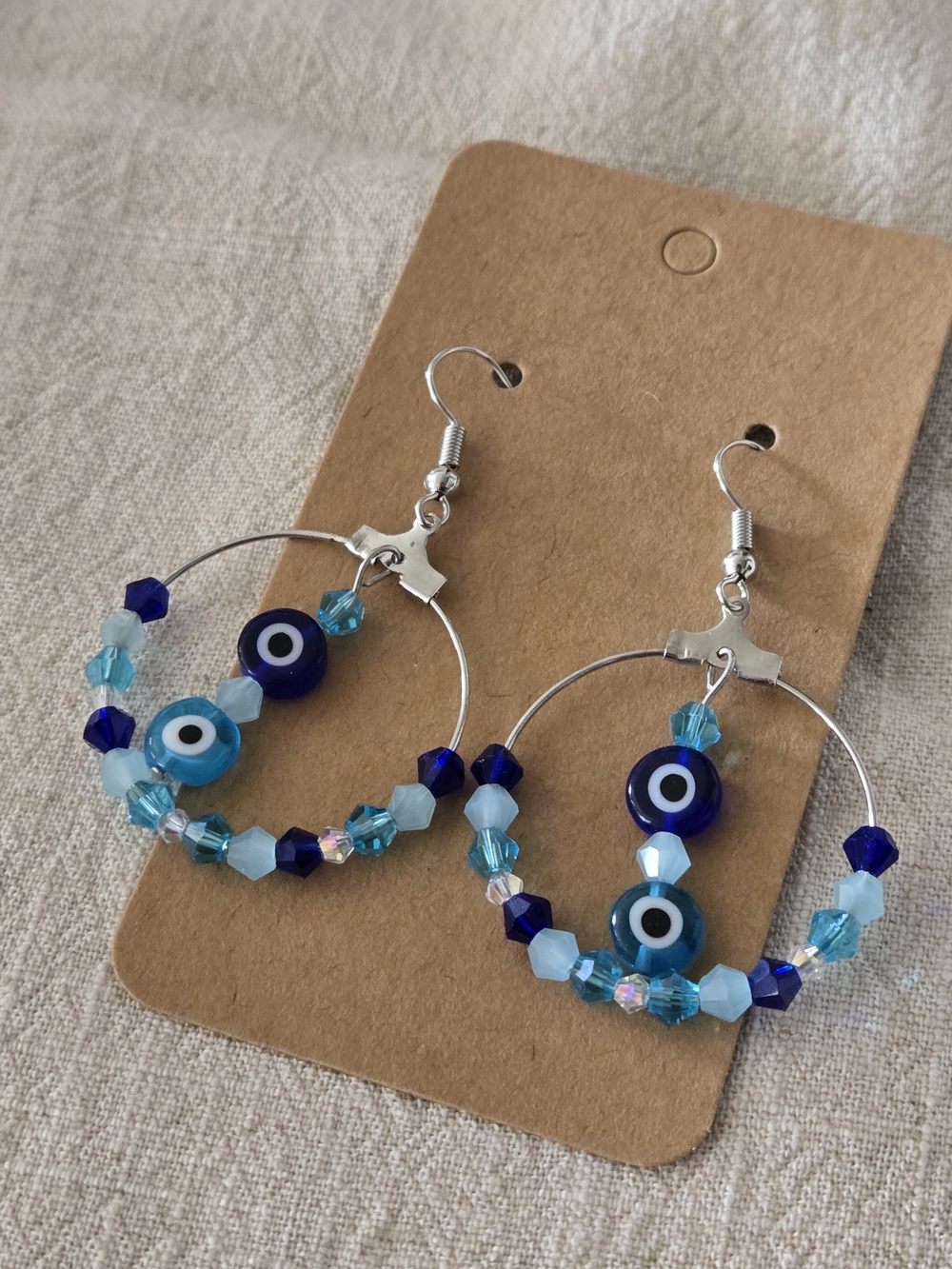 Blue Evil Eye Hoop Earrings with Beaded Accents